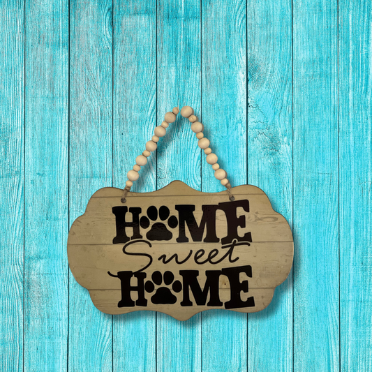 Wooden Sign: "Home Sweet Home" with Dog Prints (Approx. 5.5x7.5 inches)
