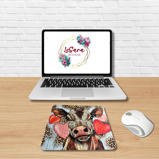 Adorable Cow with Heartfelt Background Mouse Pad