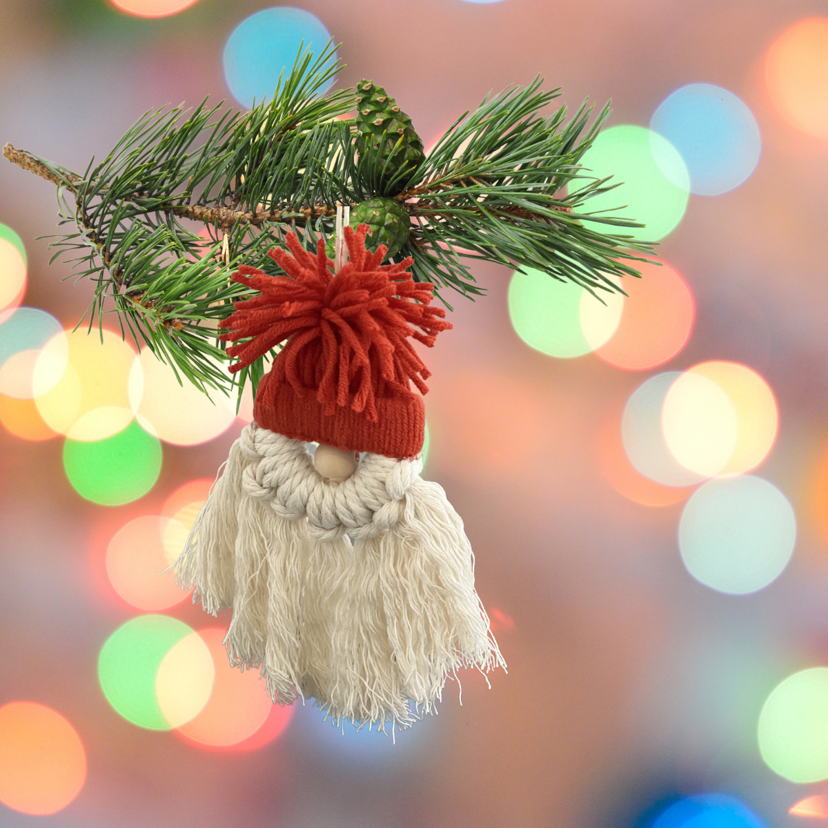 Boho-Chic Wood and Yarn Macramé Gnome Ornament